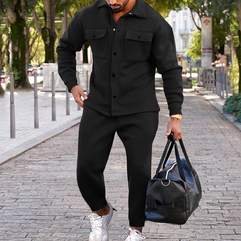 Men's Slim Fit Suede Jacket and Pants Set - Solid Color, Single-breasted, Autumn/Winter European Style.