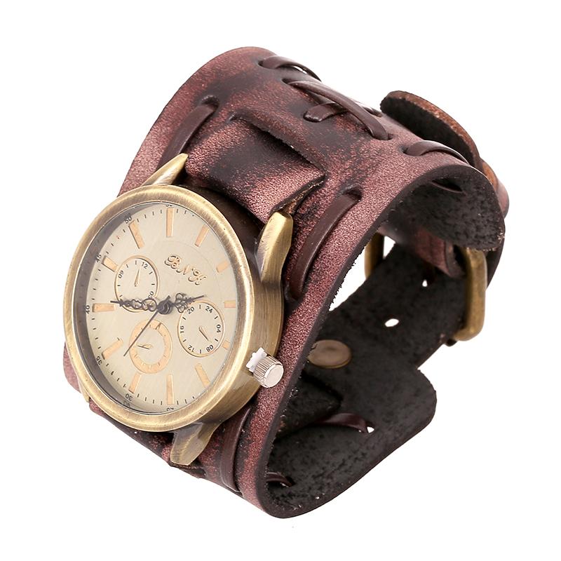 Relogio Retro Big Wide Genuine Leather Strap Watch Men Punk Quartz Cuff Watch Wristwatches Bracelet Unusual Wrist Watch