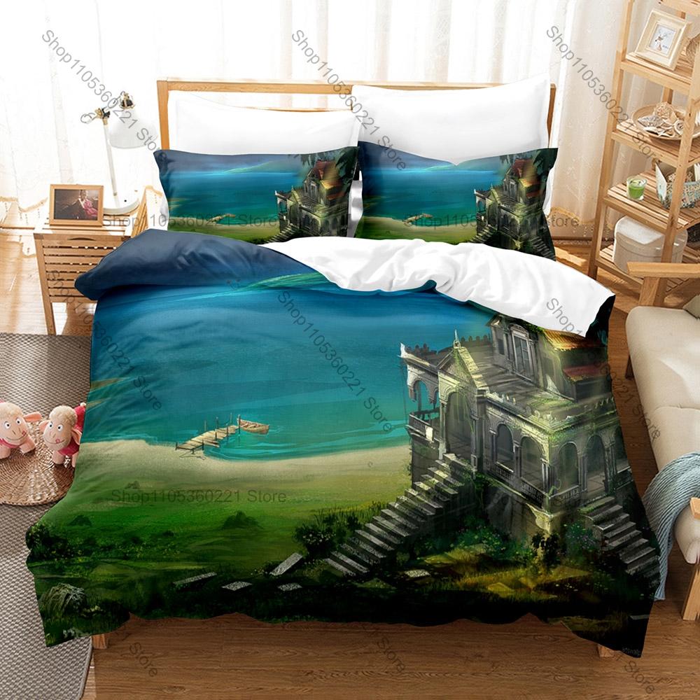 Cool Magic Fantasy Medieval Castle Ancient Tower Building HD Print Bedding Set Duvet Cover + 2 Pillowcases Fantasy Game Room Dec