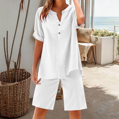 Cotton Linen 2 Piece Outfits for Women Short Sleeve V-Neck Top Wide Leg Shorts Set Summer Casual Loose Lounge Set