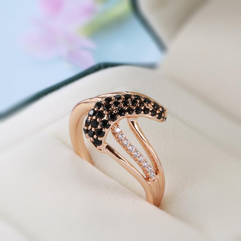 Luxury Rose Gold Ring For Women Fashion Geometry Natural Black Zircon Waves Rings For Women Vintage Wedding Jewelry