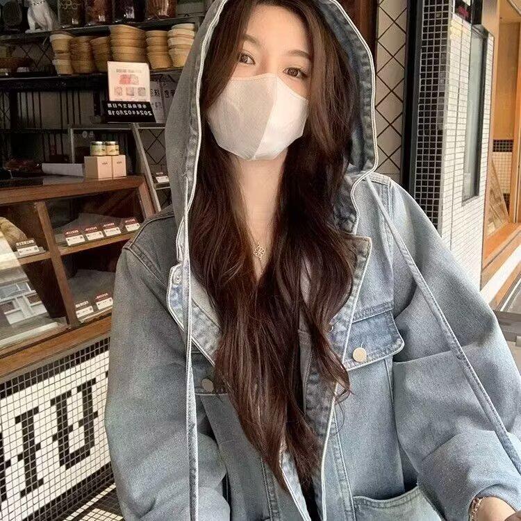 2024 Spring/Autumn Women's Hooded Loose-Fit Denim Jacket: Retro, Flattering, Casual Outerwear for a Slightly Chubby Style