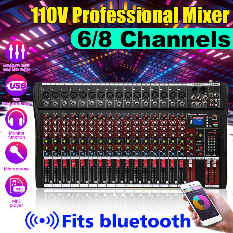 110V 6/8/12/16 Channel Audio Mixer 6 Music Modes USB Bluetooth Mixing Console Amplifier Computer Playback Phantom Power Effect