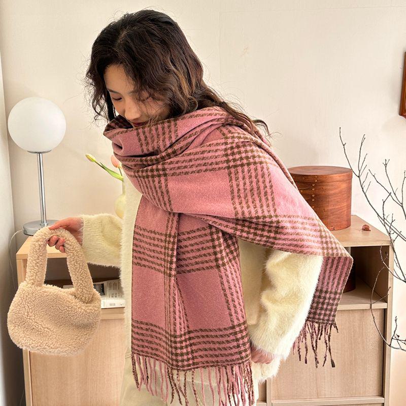 Women's Faux Cashmere Plaid Scarf - Korean Style, Thick & Warm Autumn/Winter Shawl