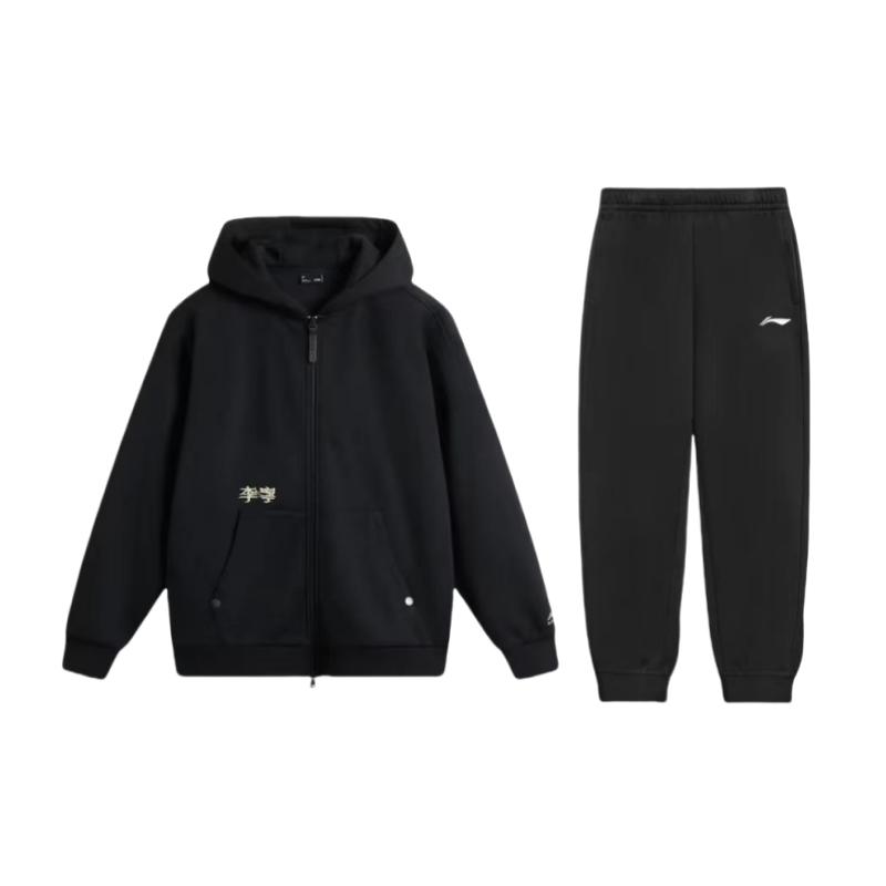 

Li-Ning Свободный крой, худи с принтом букв, спущенное плечо, на молнии, длинный рукав, брюки с эластичной талией, спортивный костюм, унисекс, черный AWDUC87-4+AKLSG35-1 XL