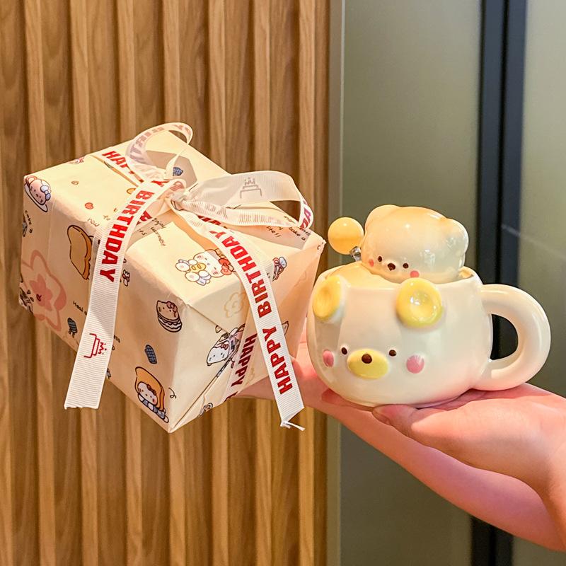 Cute Cream Bear Cup, Girls Ceramic Mug, High-value Souvenir, Practical Birthday Gift for Girlfriends