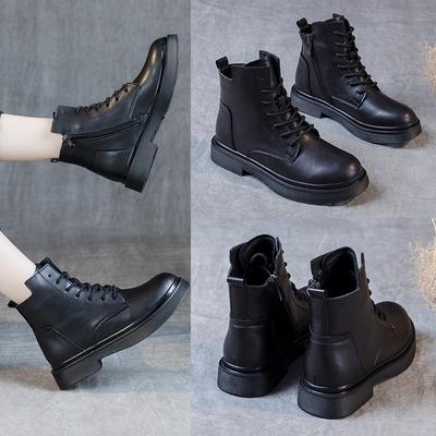 Top Cowhide Boots Women's Ankle Boots Spring and Autumn Single Boots Black Boots and Fleece Vintage Large Size Thick Sole