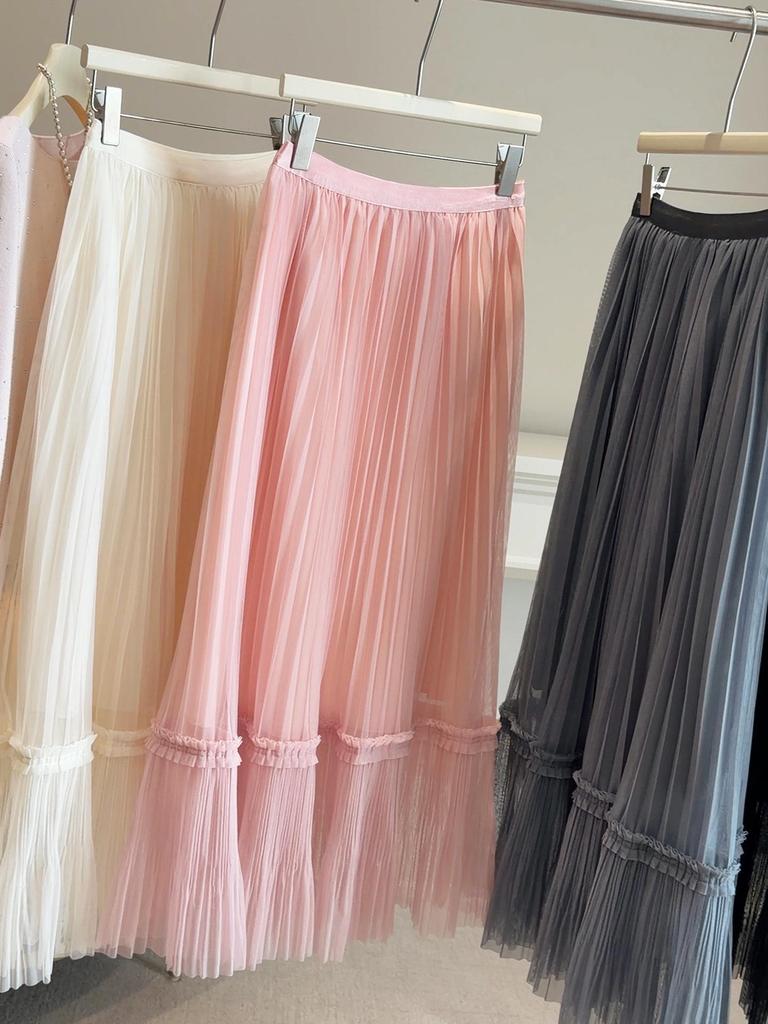 Korean-Inspired Sweet Mesh Skirt for Women - 2026 Spring Collection, Elastic High Waist, A-Line Pleated Design