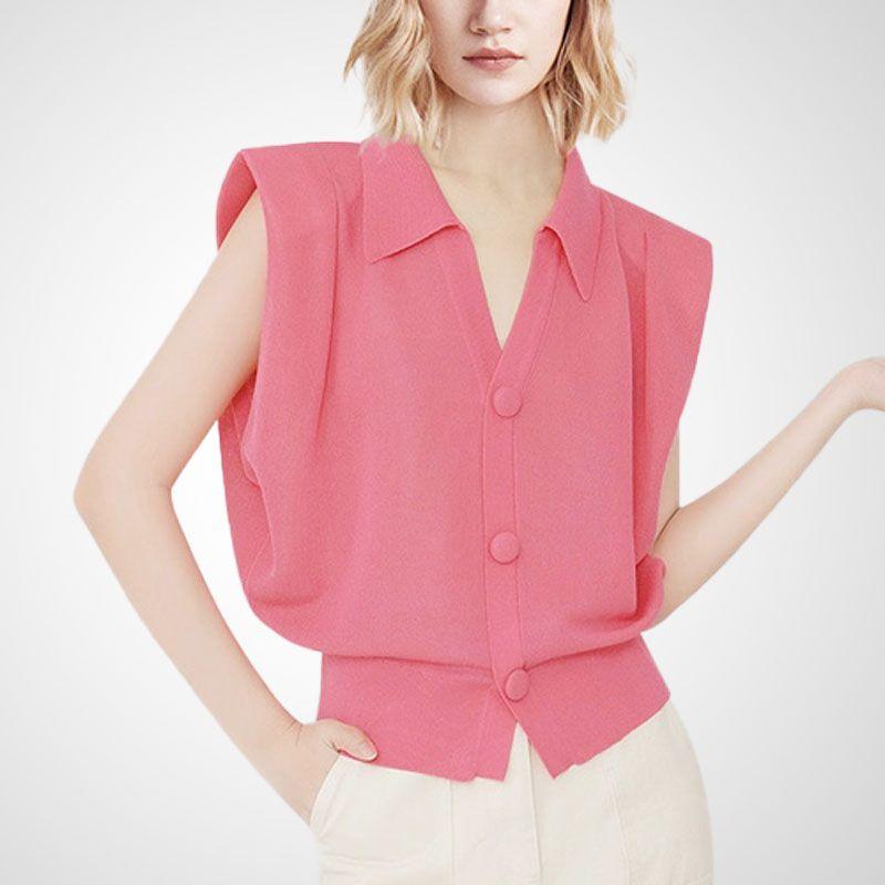 

2025 Summer New Arrival Pink V-neck Sleeveless Padded Shoulder Stylish Niche Style Shirt Chic Western Style Solid Color Versatile Top Rose pink S