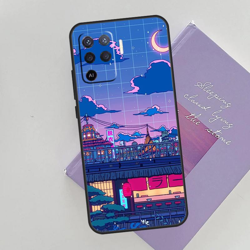 Cyberpunk  Village Neon Anime Case For OPPO Reno 5 Lite 2Z 2F A15 A52 A72 A83 A54 A74 A94 A5 A9 A31 A53 A53S 2020 Cover