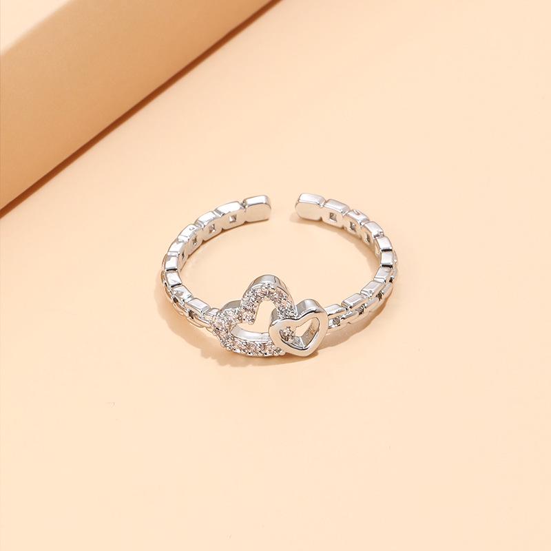 

Модное медное кольцо с цирконом в виде двойного сердца - Европейский и американский стиль, женские украшения белый