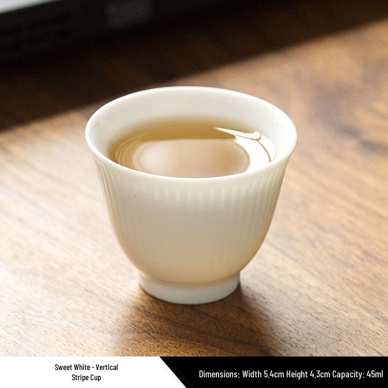 

Exquisite White Porcelain Gongfu Vertical Stripe Tea Tasting Set: Small Ceramic Cups for Home and Guests with Custom Logo Option