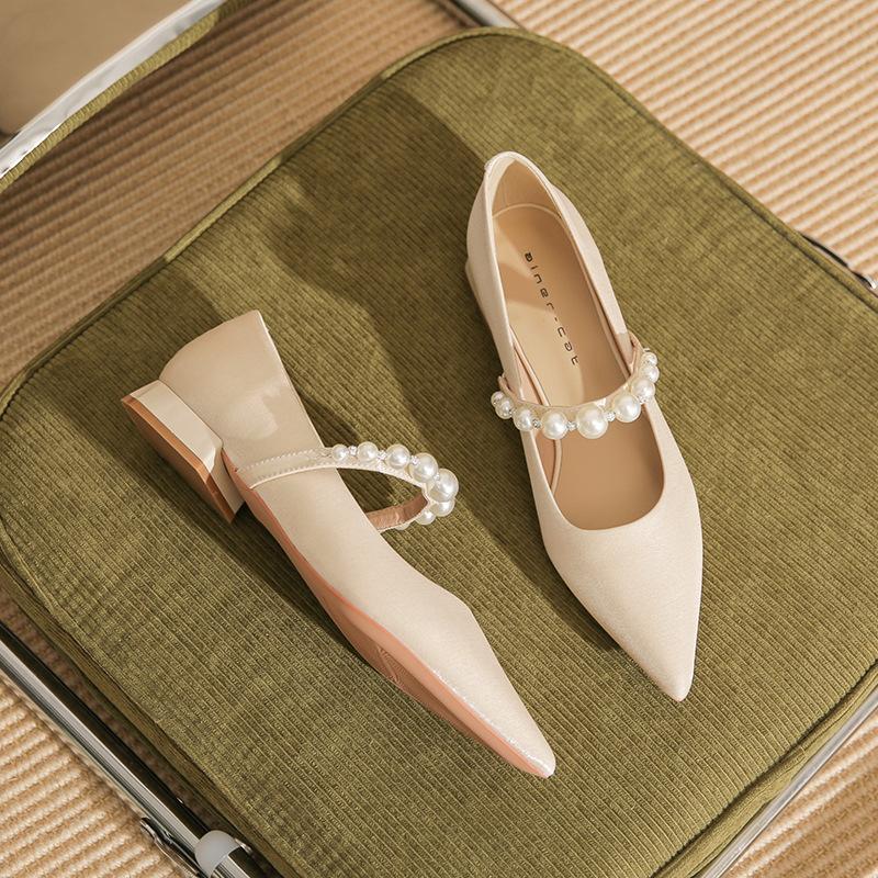 29803 [sheepskin] Pointed Flat Shoes Women's 2025 New Pearl One-word with Thick Heel Mary Jane Single Shoes