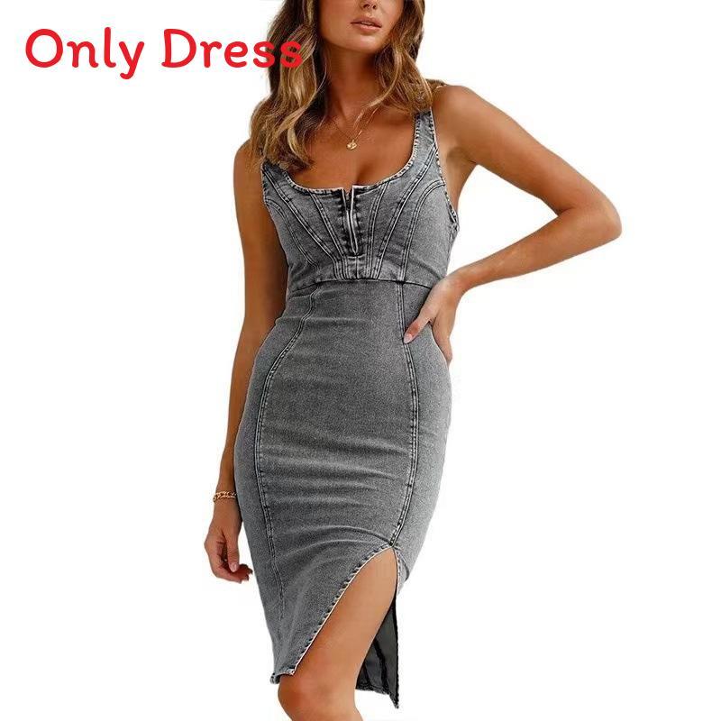 Vestido de Mezclilla con Encaje en V sin Mangas para Uso Casual de Verano