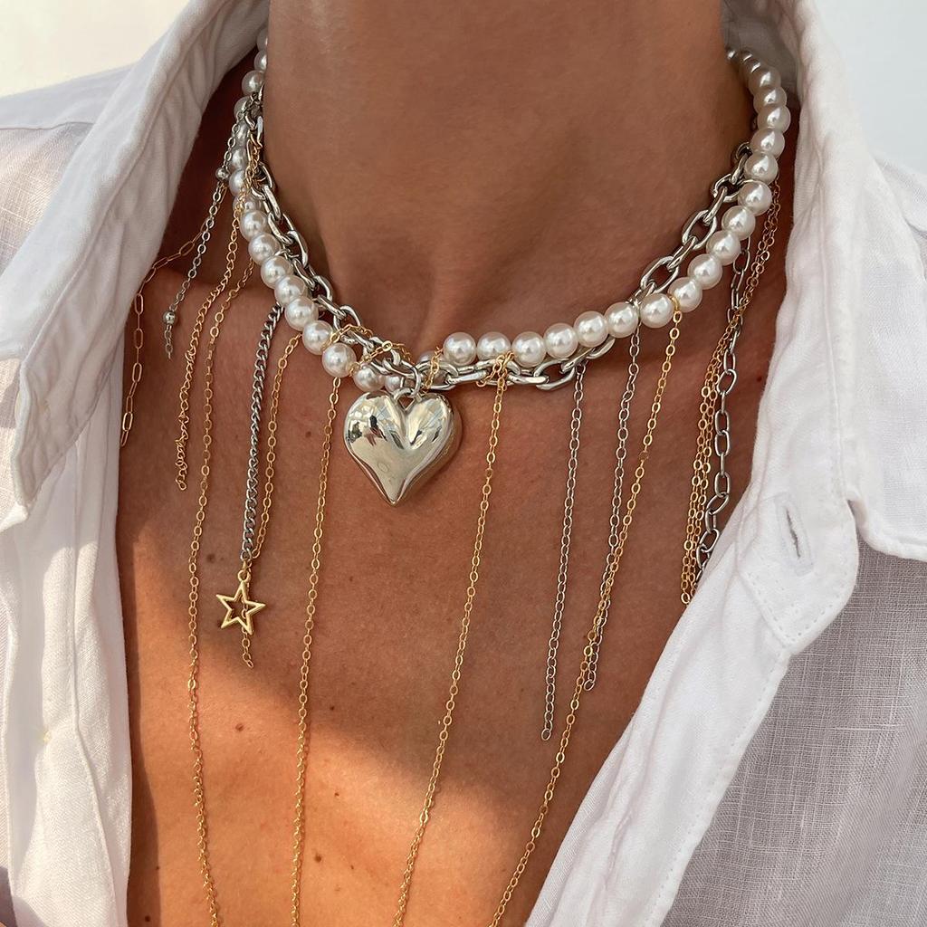 Collier Pendentif Cœur Perle avec Chaîne à Pampilles - Style de Bijoux Européen et Américain Cool