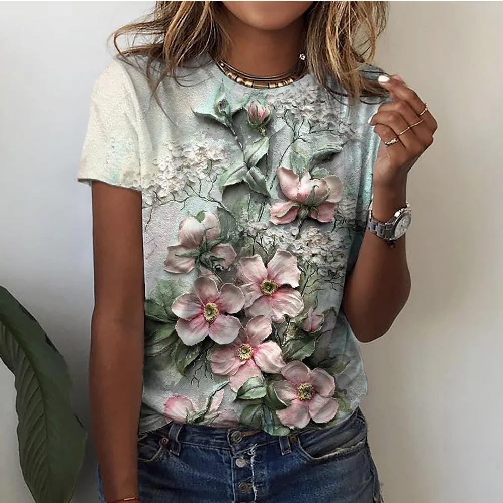 Women's T-shirts Fashion Floral Theme T Shirt Floral Plants Tees Summer Clothing Basic Female Tops Print