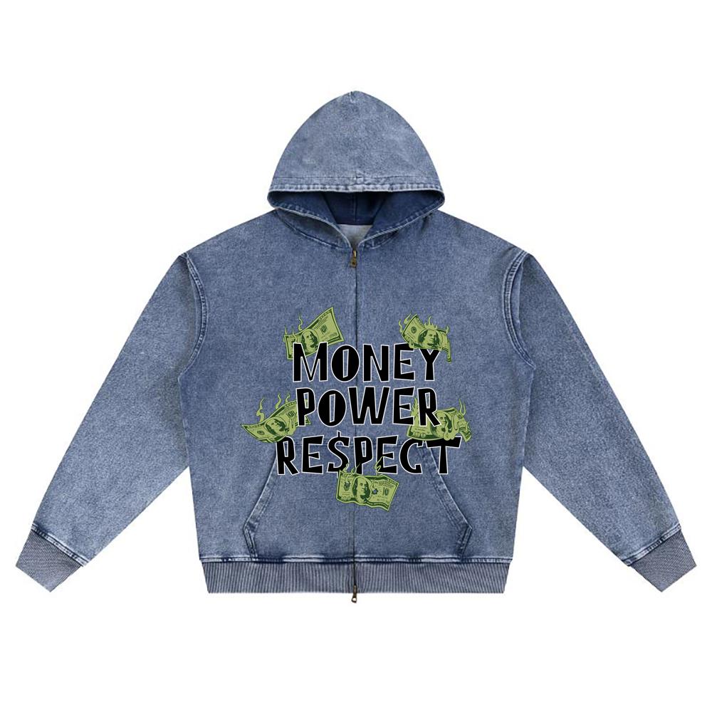 DTG print Knitted Denim Zip-Up Hoodie Money Power Respect Brother Print Zipper Hoodies  