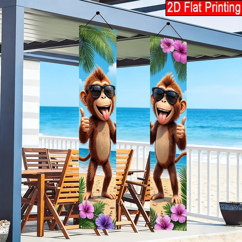 2D Flat, 2pcs 2D Flat Summer Beach Themed Porch Banner, 30.48x179.83 cm Polyester Door Couplet, Monkey, Beach, Palm Tree, Hibiscus Flower Design, Suit