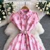 Gentle Pink Green and Yellow Embroidered Print Drop-Shoulder Shirt Dress for Women Summer Button-Down Belt Slim Midi Dress