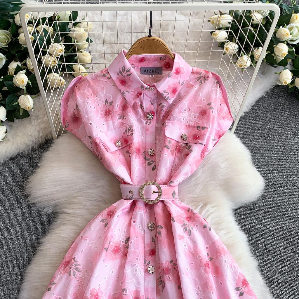 Gentle Pink Green and Yellow Embroidered Print Drop-Shoulder Shirt Dress for Women Summer Button-Down Belt Slim Midi Dress