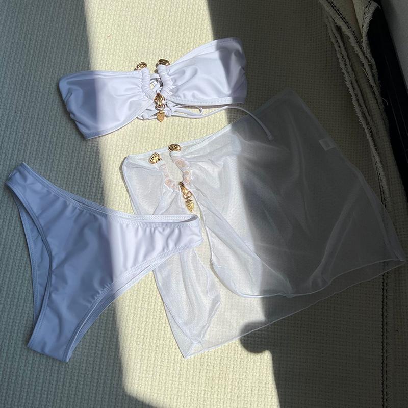 Bikini Donna Costume da Bagno Nuovo Monocolore Fascia Sexy Set Bikini Perizoma Costumi da Bagno Estivi 3 Pezzi Copricostume Costume da Bagno Donna