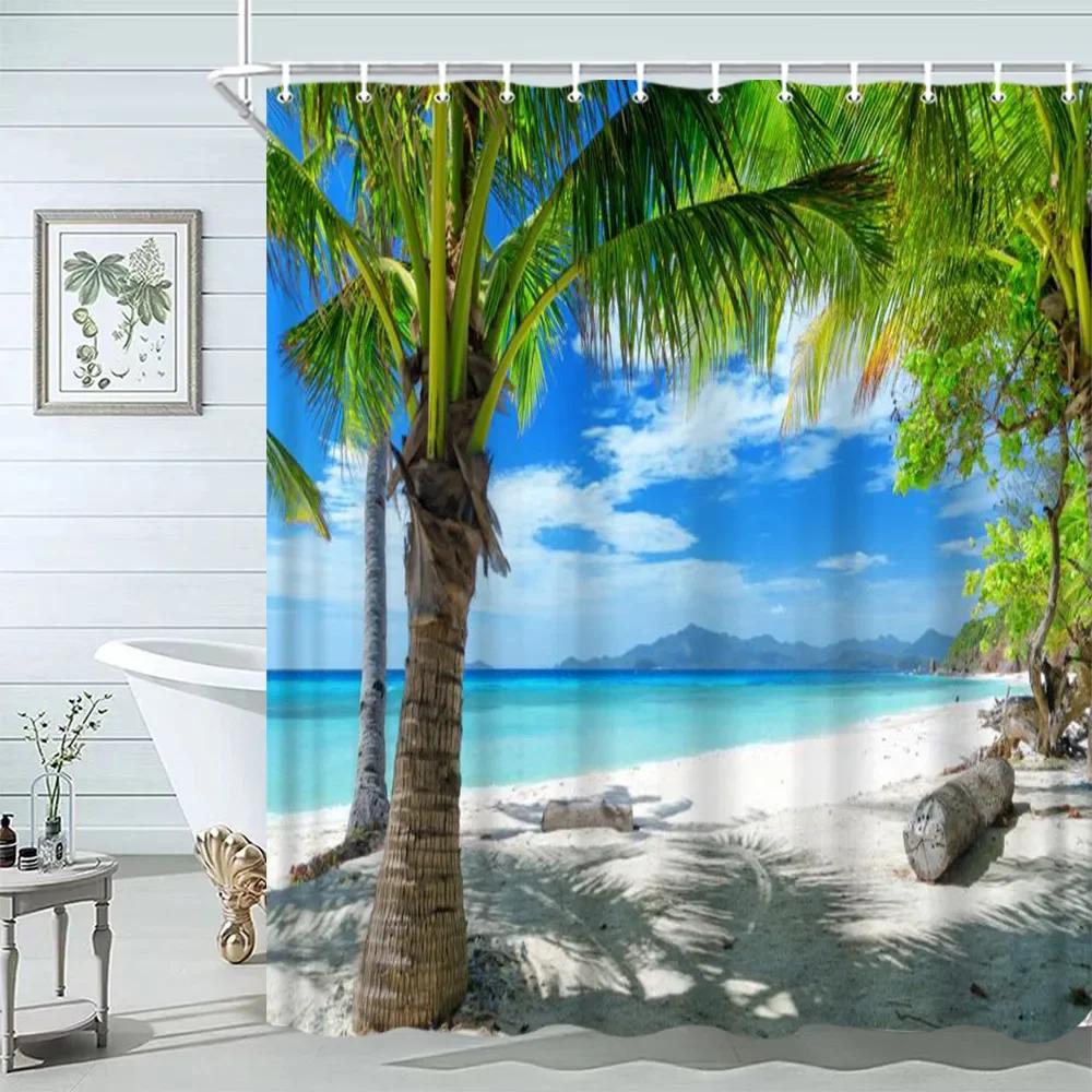 Seashell Shower Curtain Summer Beach Starfish On The Coastal For Bathroom Curtain Polyester Fabric Bathroom Accessories Set