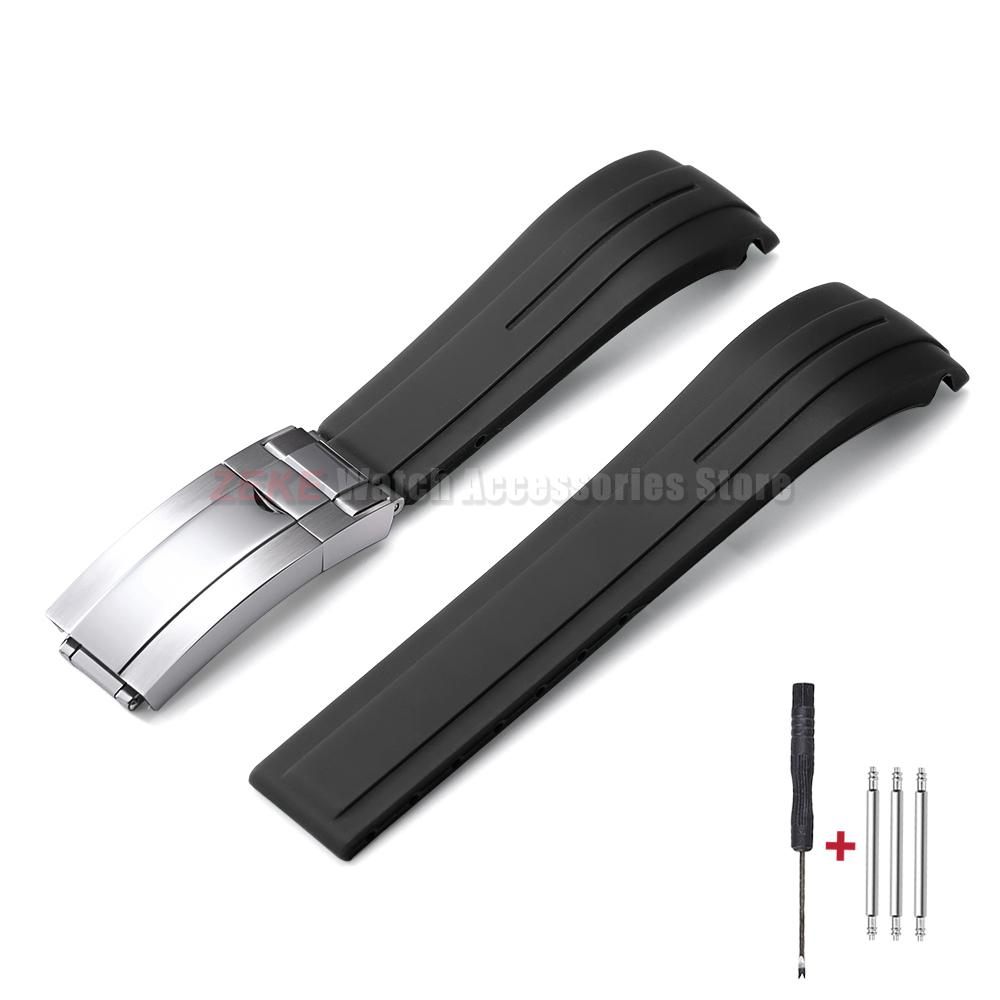 Curved End Rubber Watch Strap 20mm 21mm 22mm for Rolex for Water Ghost Folding Buckle Bracelet Waterproof Silicone Wrist Band