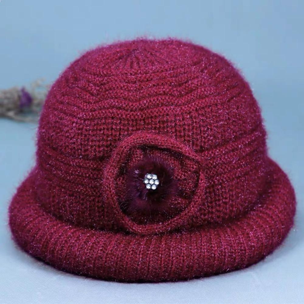 New Flower Decor Knitted Hat Thickened Coldproof Plush Warmth Hat Big Size Winter Cap Middle-aged And Elderly