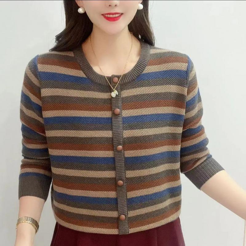 Large size fat M stripes contrasting color knitted sweater pullover autumn and winter loose and thin sweater top women
