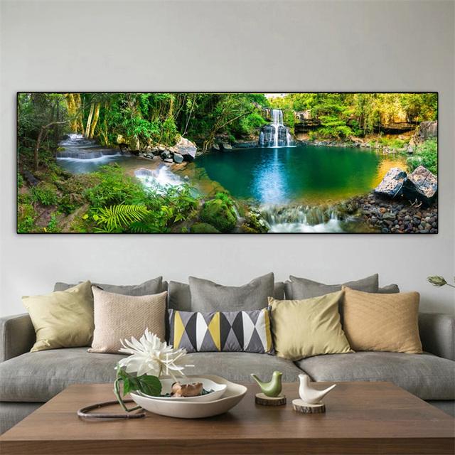 Krajina Přírodní Vodopád Obraz na plátně Zelený strom Jezerní list Plakáty a obrazy Nástěnný obraz Obývací pokoj Home Decor Bez rámu