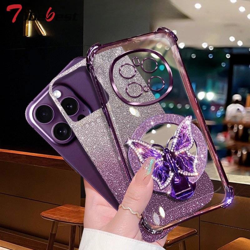Glitter Butterfly Mirror Crystal Bracelet Case For Huawei Honor Magic 7 6 5 4 3 Pro Shockproof Plating Silicone Cover