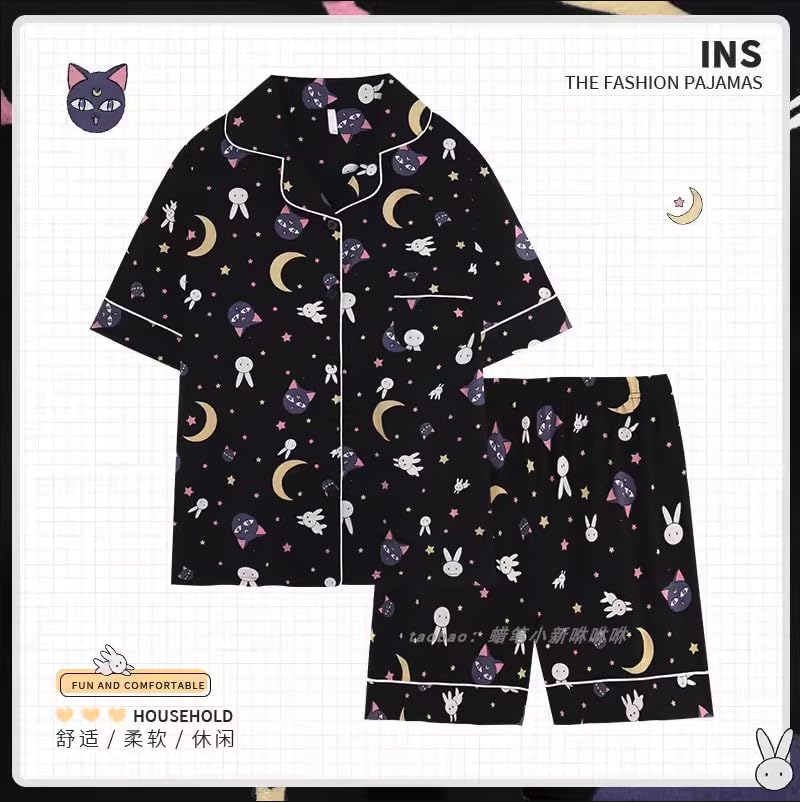 Dom Teporna Sailor Moon Magical Character Short Open Top and Bottom Summer Pink Pajamas, Design, 100% Cotton, Sleeve, Collar, Loungewear, Souvenir,
