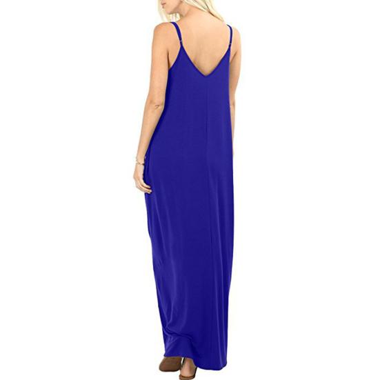Women V-neck Sleeveless Sling Dress Solid Color Side Pockets Loose Fit Thin Maxi Dress Thin Holiday Long Dress Streetwear
