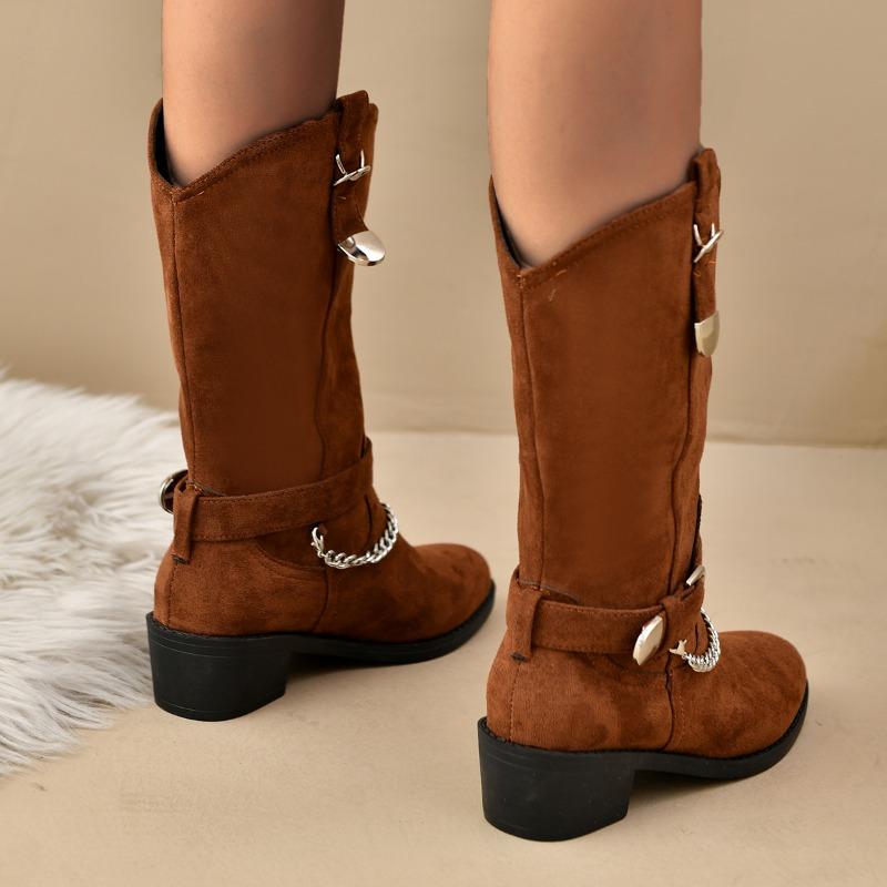 Fashion Women's Winter Rough-heeled Cotton Boots Pointed Bull Suede Sleeve Metal Chain Anti-slip and Anti-wear Rider Boots