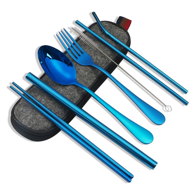 Stainless Steel Portable Tableware Stainless Steel Straw Chopsticks Fork Soup Spoon Combination Set Seven Piece Set Dinner Set