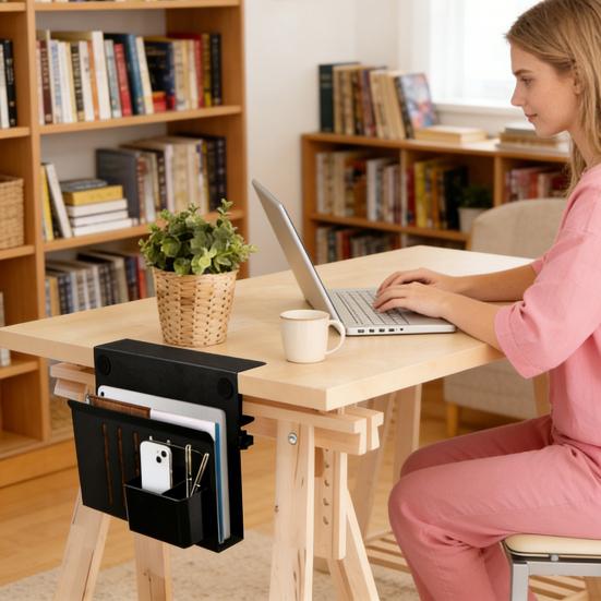 Desk Side Organizer with Magnetic Pen Holder Heavy Duty Carbon Steel No Drill Home Office Table Side Laptop Computer Notebook Holder Storage Rack