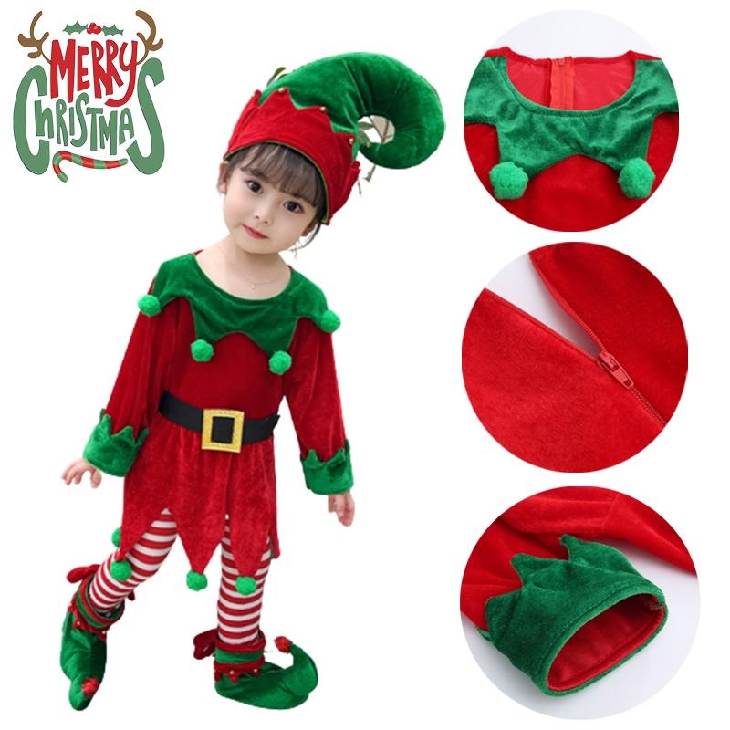 Velvet Boys Girls Christmas Elf Outfit Xmas Party Cosplay Set