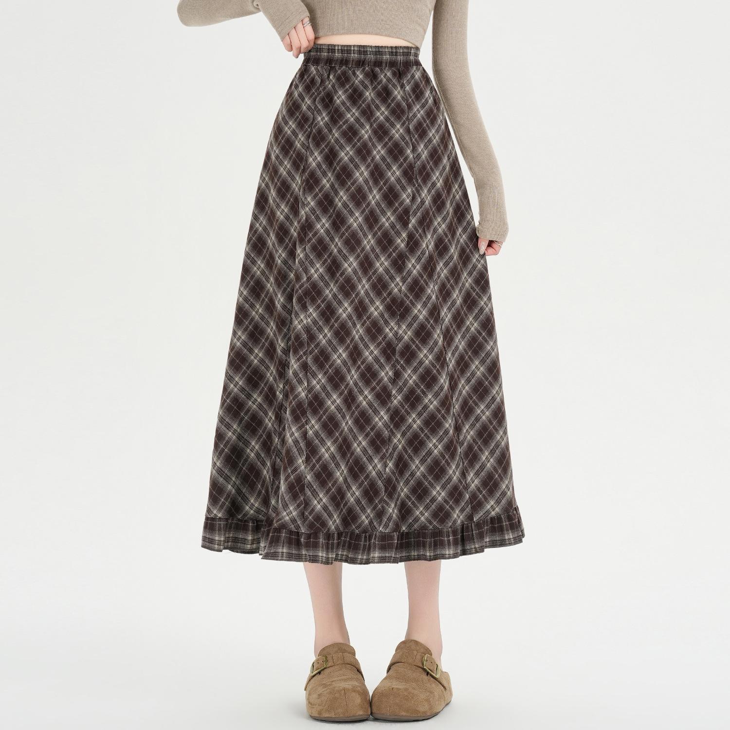 Plaid Hem Ruffle Midi Skirt - Women s Elastic Waist A-line for Fall/Winter Small
