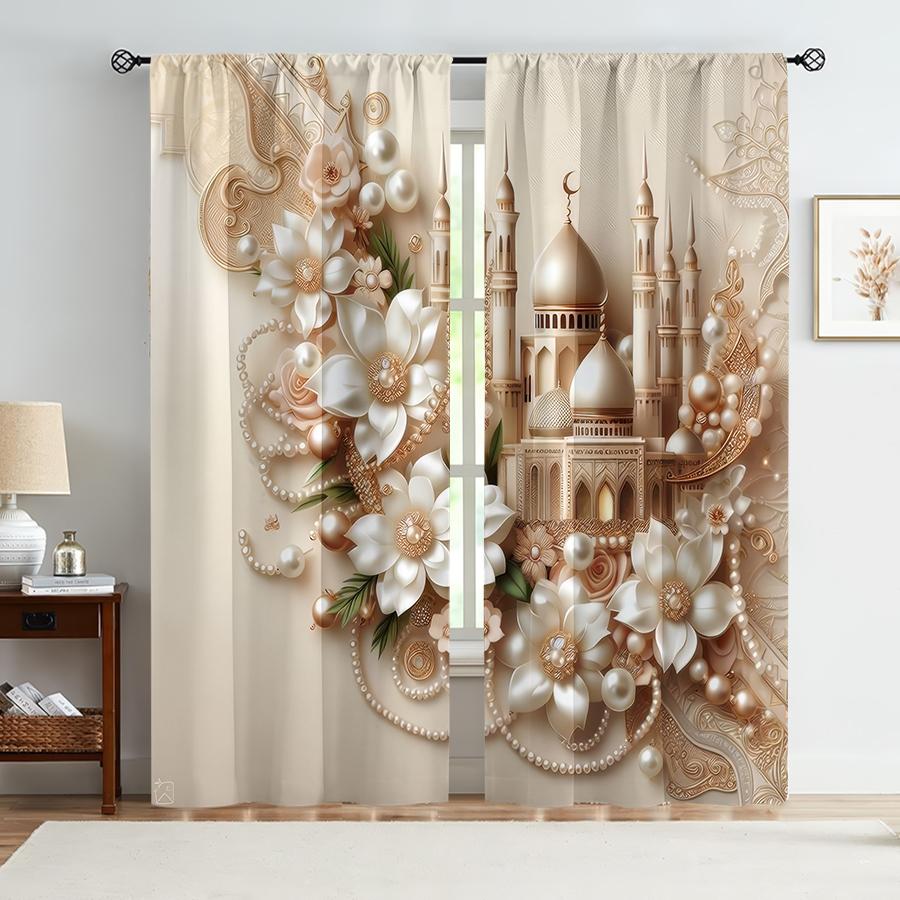 

2PCS Champagne Gold Pearl Ramadan Theme Curtains Luxury Style Bedroom and Living Room Drawbar Pocket Decorative Curtains 100*130 HOOK 1pcs