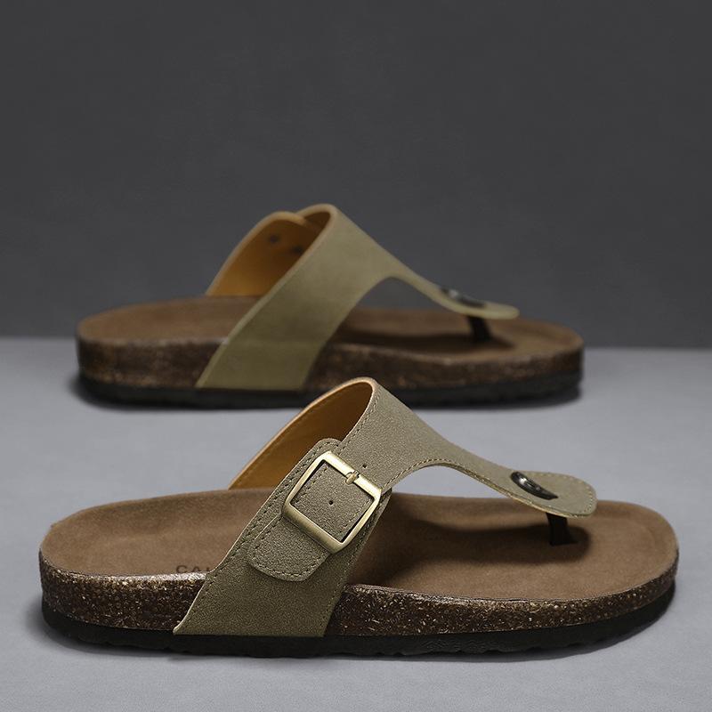 Leather Upper Cork TPR Soft Sole Men's Flip Flops Adjustable Buckle Slip On Flat Slippers with Arch Support Outdoor Beach Slides