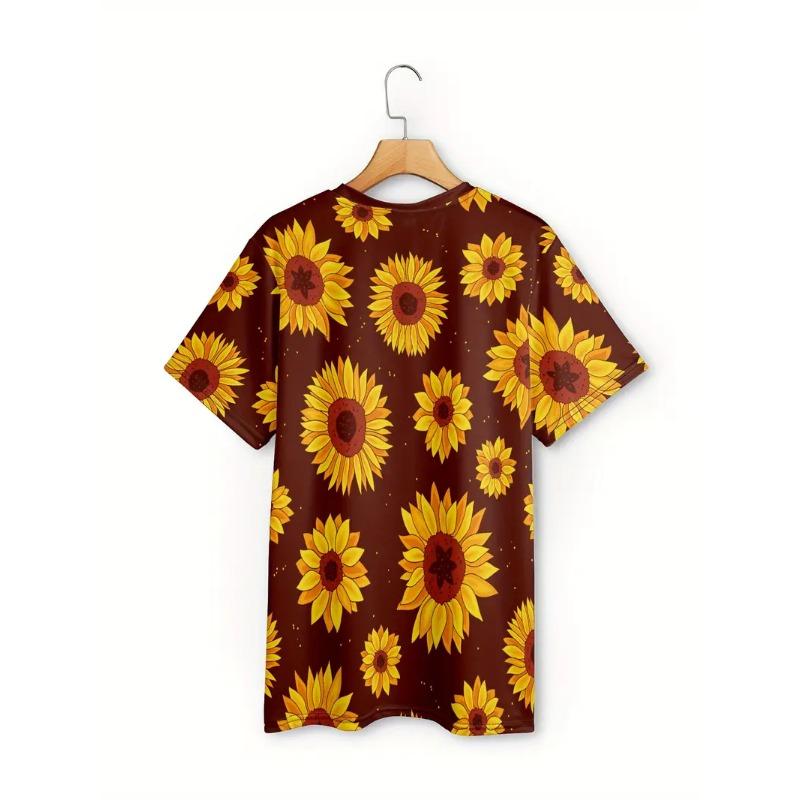Plus Size Women's 3D Printed Sunflower Pattern T-shirt An Elegant Casual Crew Neck Short Sleeved Top