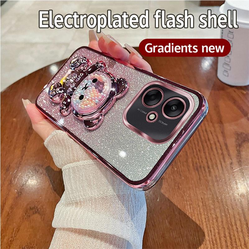 Glitter Bling Bear Silicone Phone Holder Case On For Xiaomi Redmi 13C 4G 5G Redmi13C Girl Woman Stand Back Cover
