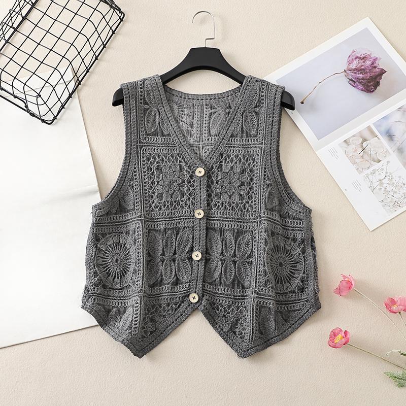 

DIMANAF 2025 Новая футболка большого размера на весну для женщин, вязаный жилет без рукавов с V-образным вырезом, ажурный стиль, базовые топы, футболки, свободная одежда One Size серый