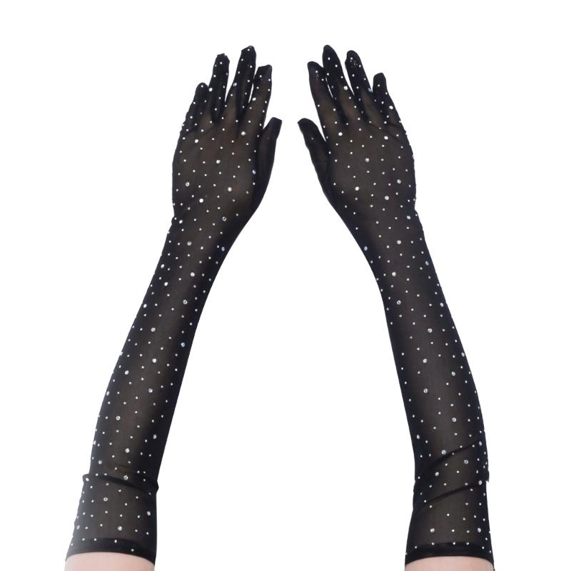Women Bride Long Sleeve Gloves Nightclub Theme Party Gloves Dancing Party Full Finger Gloves Shinning Rhinestone Mitten
