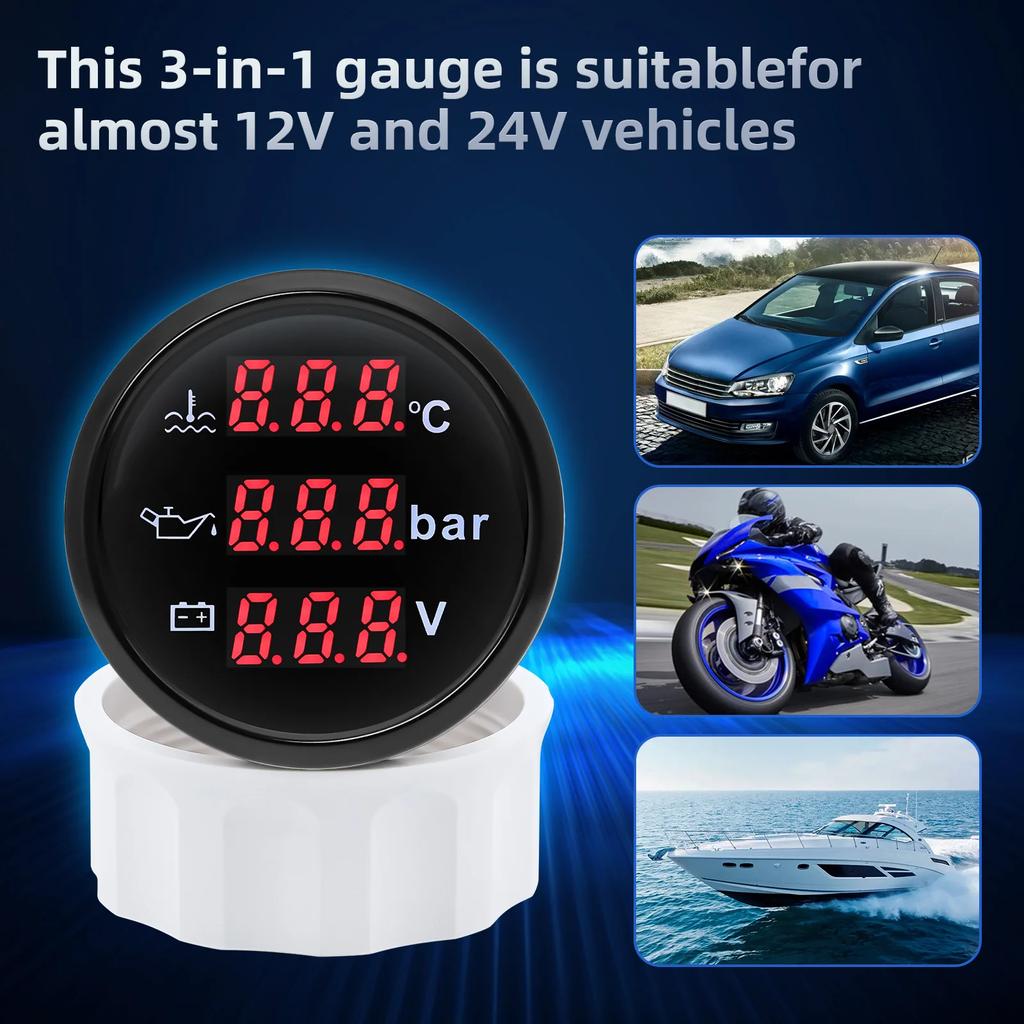 52mm Water Temp+Oil Pressure+Voltmeter with Alarm Waterproof Multi 3 IN 1 Gauge 10Bar Oil Pressure for All Car Boat Yacht 12V24V