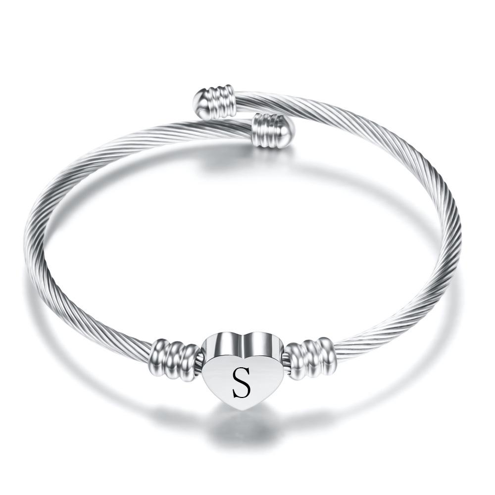 26 Letters Stainless Steel Heart Bracelet - Simple Titanium Steel Open Bangle for Women