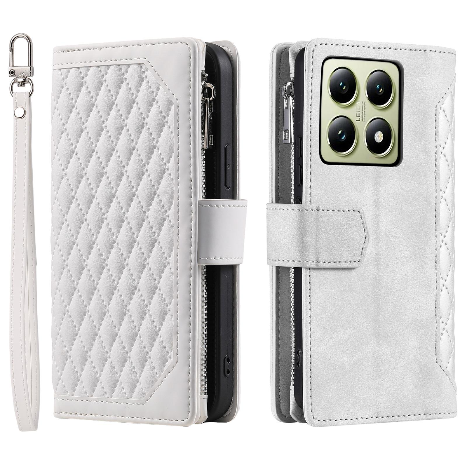 

For Xiaomi 14T Pro Wallet Case Rhombus Stitching Line PU Leather Phone Cover White
