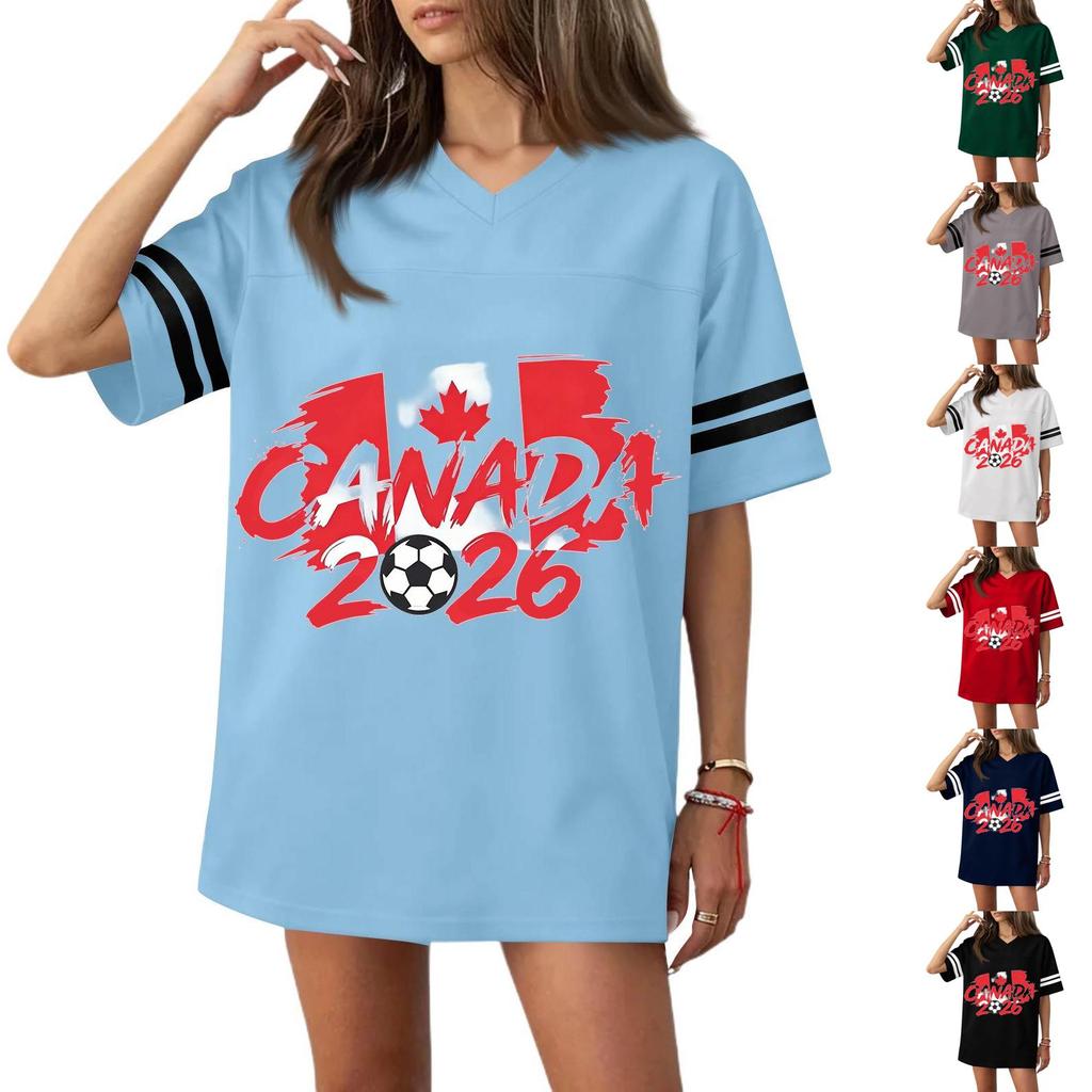 Women's Casual V Neck Short Sleeve Soccer Jersey Top with Flag Print and 2026 Graphic for Sports and