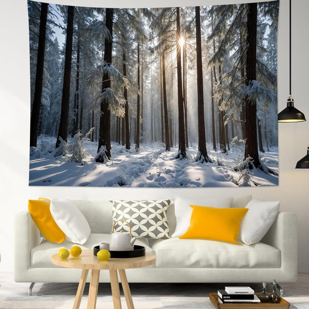 Starry Sky Tapestry Snow Mountain Wall Hanging Pine Tree Forest Tapestries for Bedroom Living Room Dorm Decor,80Wx60H inches