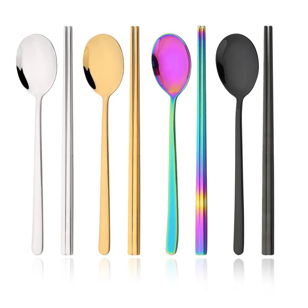 8Pcs/Set Mirror Chopsticks Spoon Cutlery Set Gold Dinnerware Set Luxury Stainless Steel Flatware Korean Tableware Set